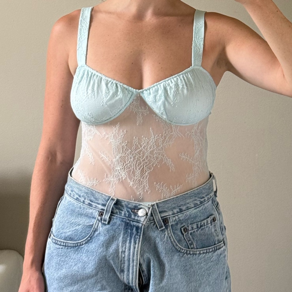 Danielle Bernstein Sky Blue Lace Bodysuit